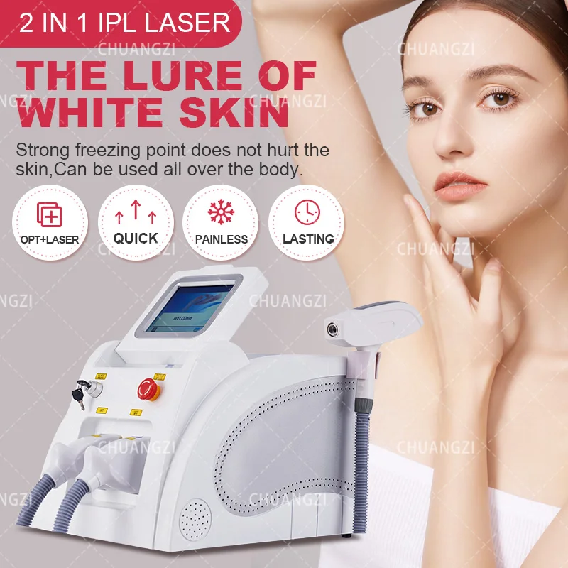Máquina de salón Opt Ipl ND Yag 2 en 1, equipo certificado CE para depilación de cuerpo completo y eliminación de pigmentos de tatuajes