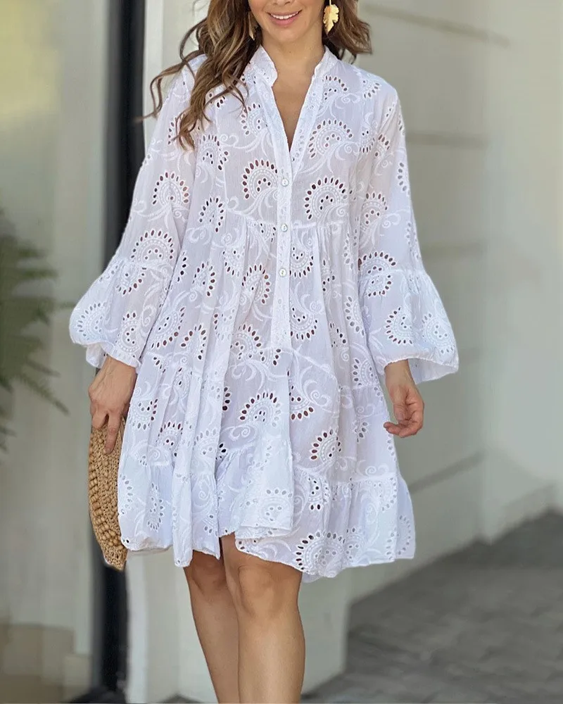 2023 Summer Women Hollow Out Dresses Elegant Vintage Solid Lace Dress V-neck Loose Embroidery Vestidos Beach Mini Dresses