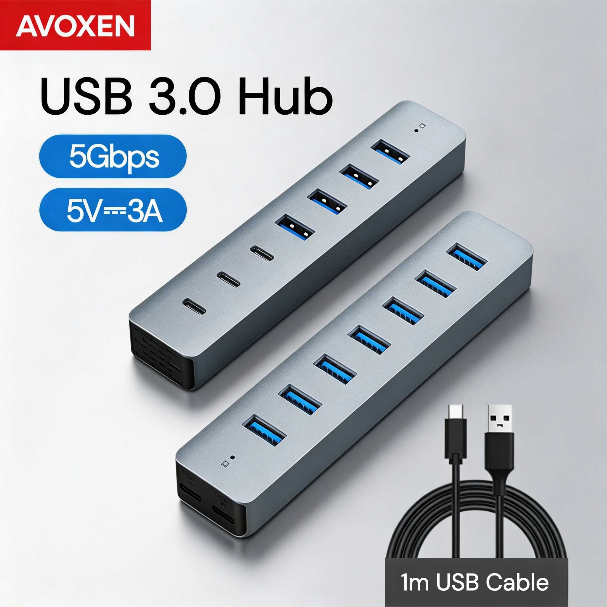 USB-Hub 3.0 Hochgeschwindigkeits-7-Port-Verteiler 5Gbps 5V Stromversorgung Aluminium Langes Kabel für Computer PC Desktop Laptop USB-Mehrfach-Port-Splitter