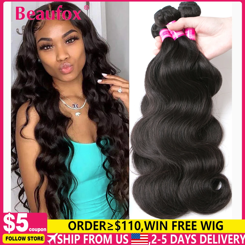 Beaufox Body Wave Bundles Brazilian Hair Weave Bundles 1/3/4 PCS Human Hair Bundles Natural /Jet…