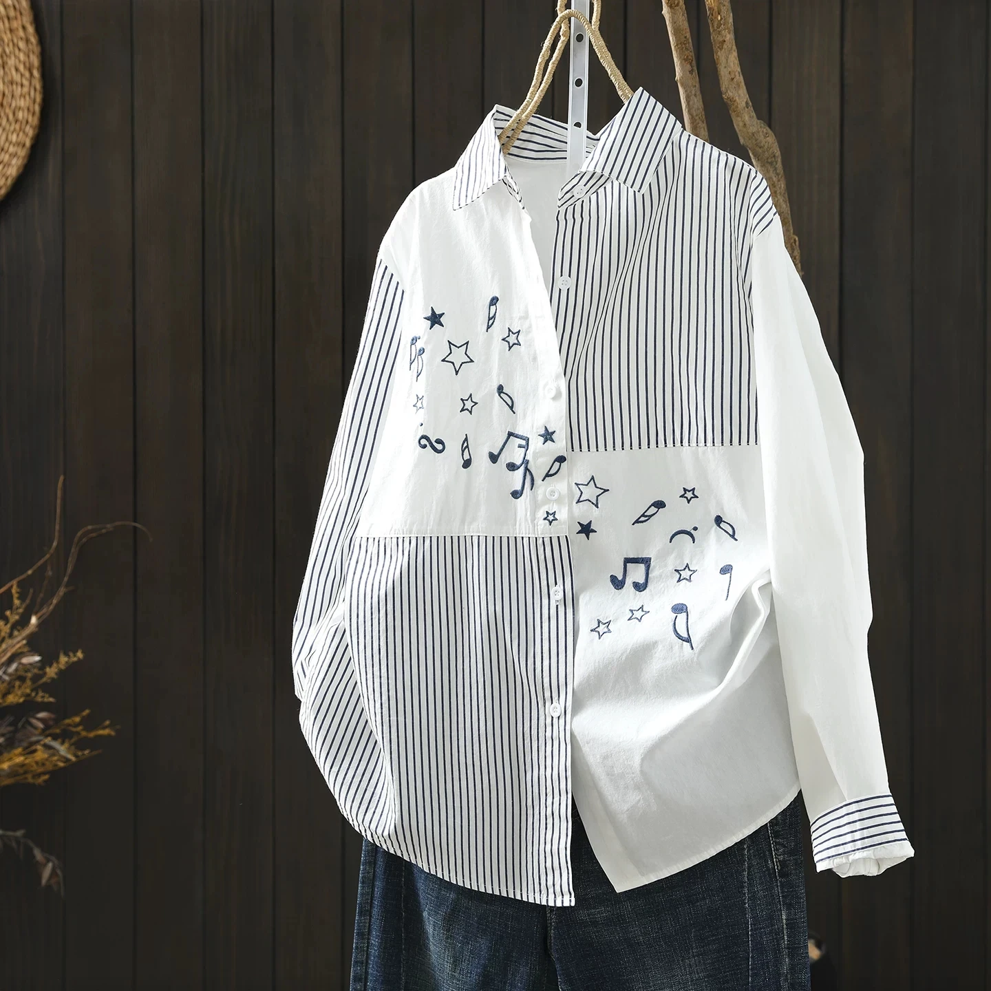 

100% Cotton Women's Striped Shirt, Music Note Star Embroidered Long Sleeve Blouse, Ladies Original Tops for Women