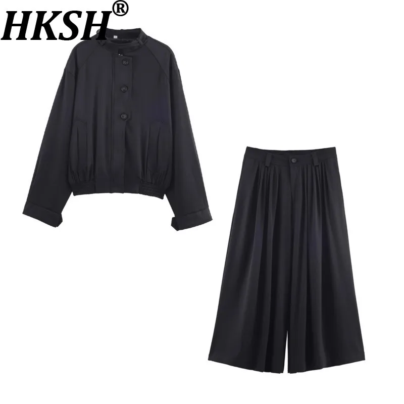 

HKSH Spring Autumn New Women Set Single Breasted Stand Collar Pockets Jacket Pleated Wide Leg Pants Elegant Trend Casual HK17053
