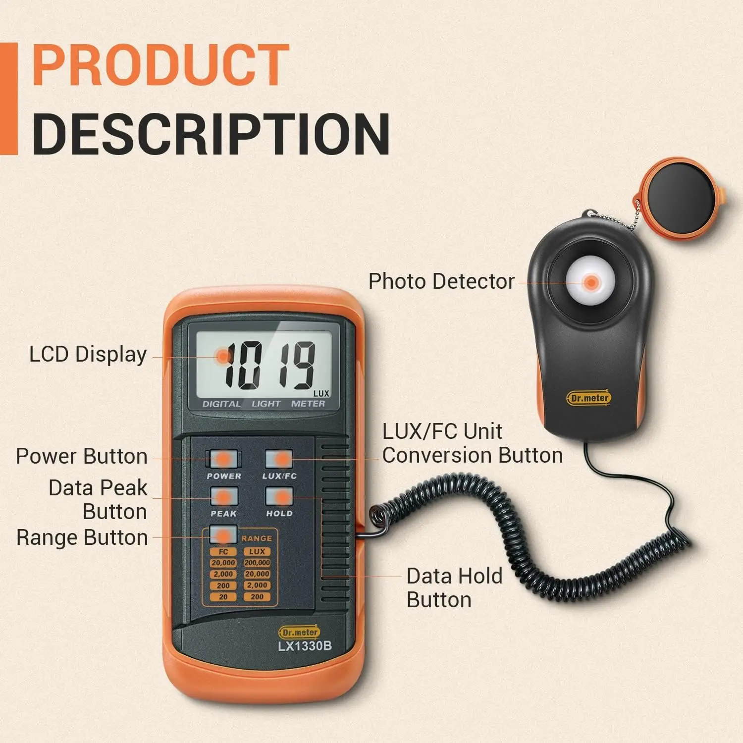 Digital Illuminance Light Meter LX1330B  0-200,000 Measurement Range Lux Meter