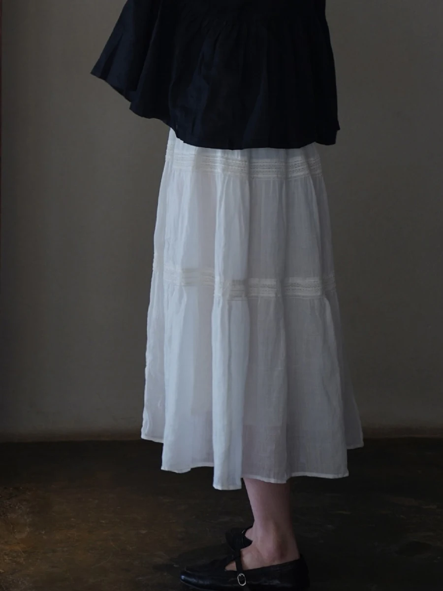 ลูกไม้สีขาว Trim กระโปรงยาวผู้หญิงฤดูร้อน Elastic เอว A-Line Faldas ด้านล่างเกาหลีแฟชั่น Casual Midi กระโปรงใหม่ Jupe