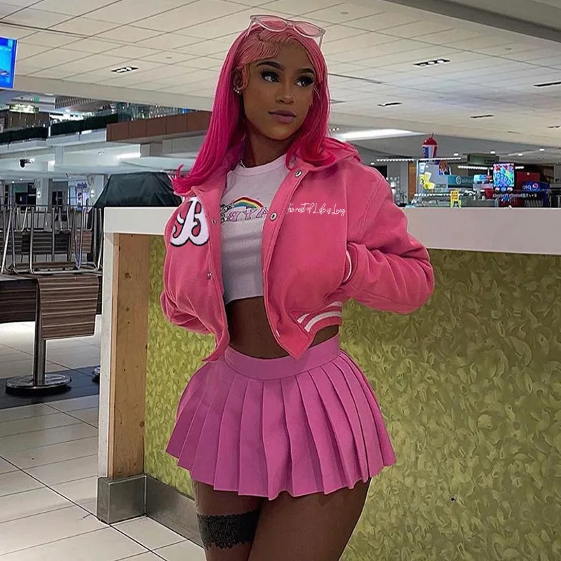 Baseball Jackets Women 2022 Single Breasted Letter Hip Hop Streetwear Crop Top Varsity Bomber Jackets Casual College Coats Pink