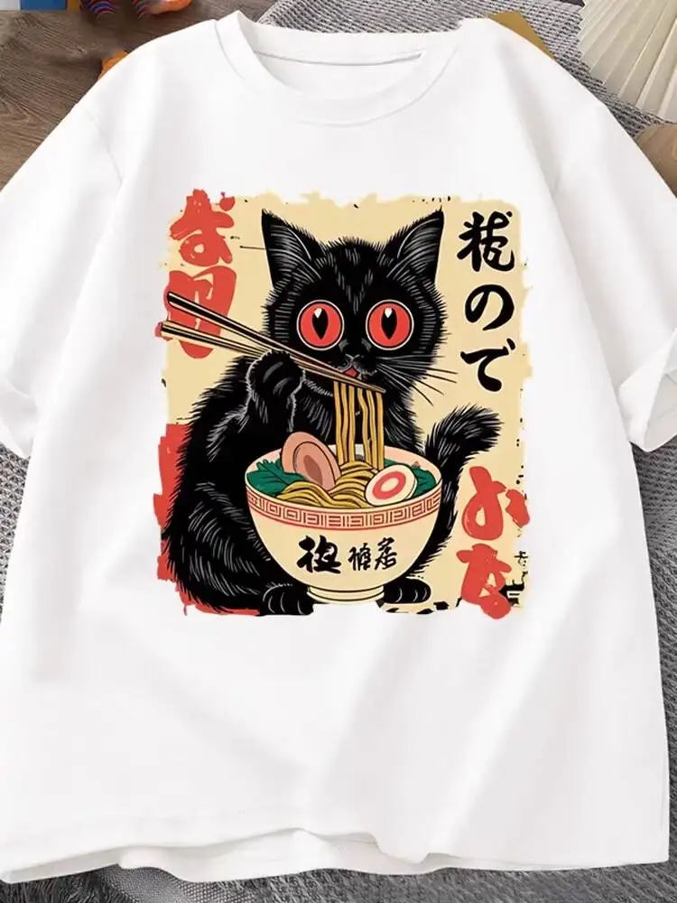 Unisex Short Sleeve T-shirt 2026 Summer New Cute Cat Eating Ramen Print T-shirt Man Women Casual Crew Neck Short Sleeve T Shirt