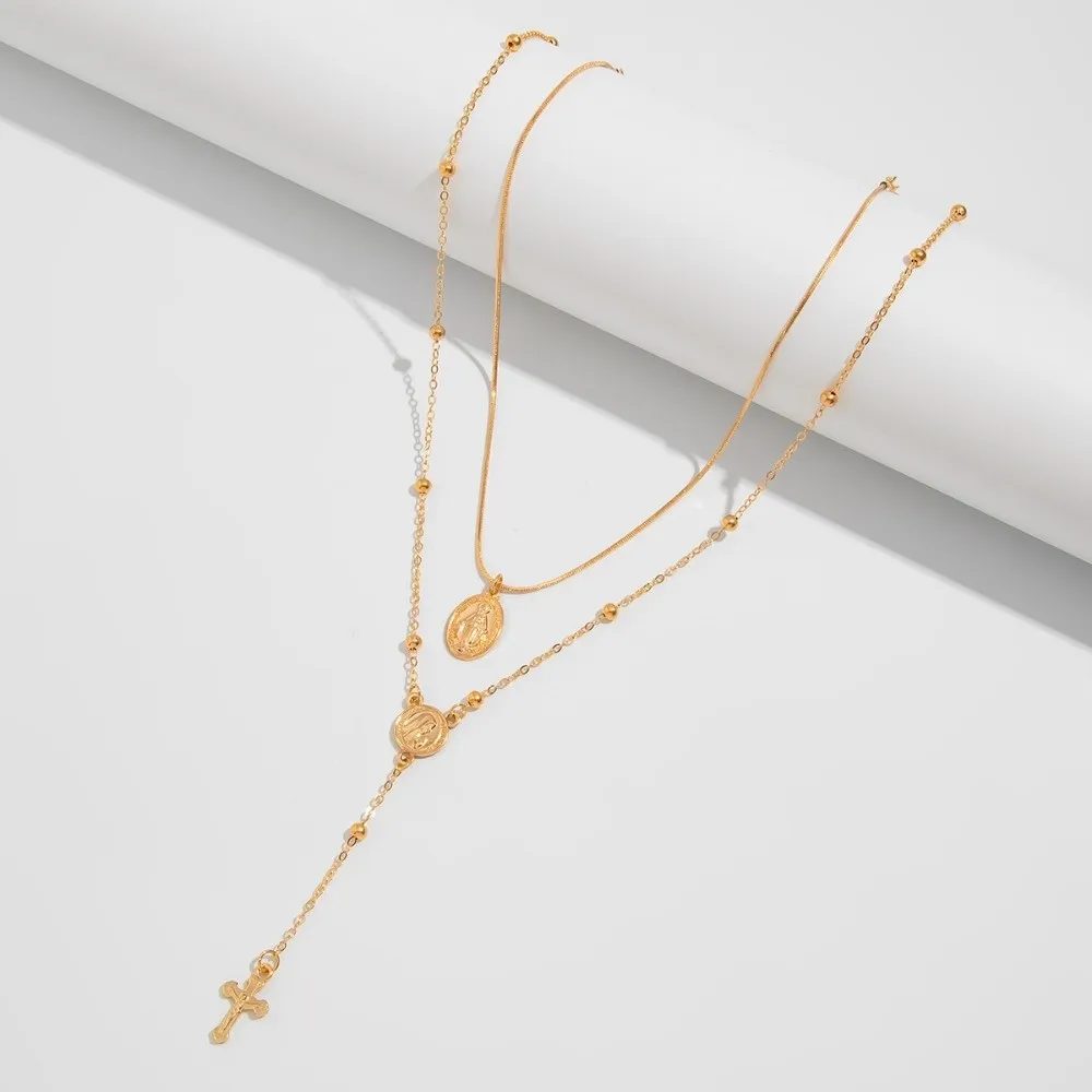 حجر الراين المعادن مكدسة قلادة الأزياء Y على شكل قلادة الصليب قلادة مجموعة خمر نمط النحاس مكدسة سلسلة الترقوة