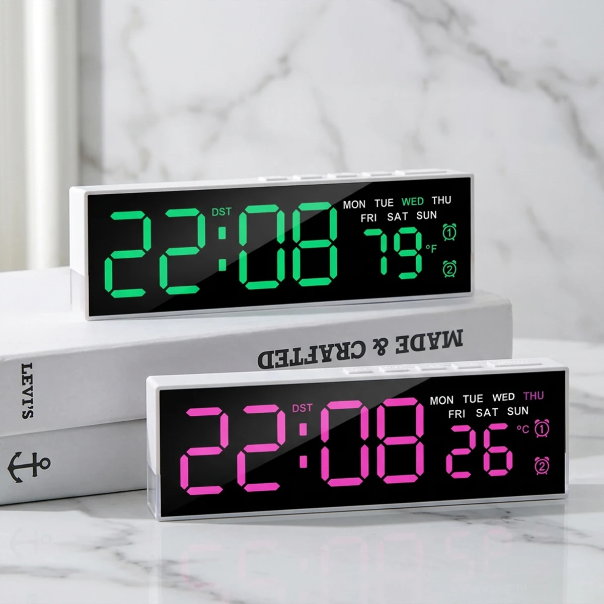 LED Digital Alarm Clock Temperature Week 2 Alarms Ambient Light Brightness Adjustment Bedside Electronic Table Clock USB Powered