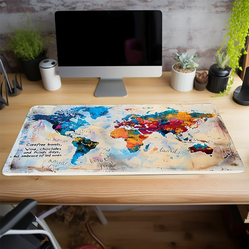 Colorful World Map Mouse Pad Computer Desk Mat Keyboard Pad Rubber Non-Slip Gift for Friends Teens Girlfriend Boyfriend Workers