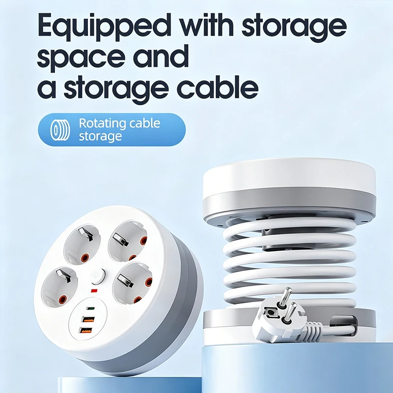 EU 7-in-1 Round Power Strip with 4 AC Outlets, 2 USB-A & 1 USB-C Ports, With 2.8 Meter Retractable Cable, Wall Socket Extender