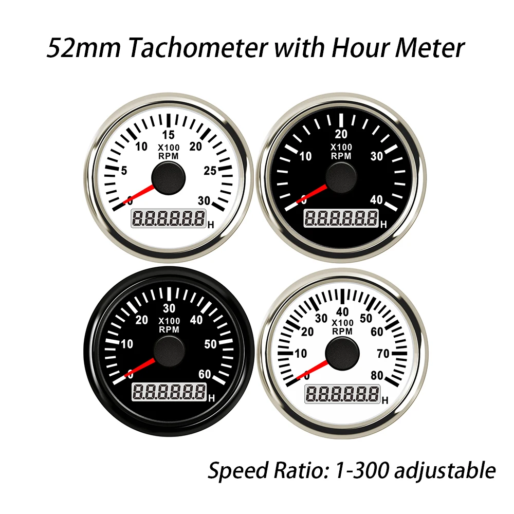 Rhaxel 52mm Tachometer 0-3000RPM 0-4000RPM 0-6000RPM 0-8000RPM Gauge REV Counter 12V 24Volts for Car Motorcycle Yachts