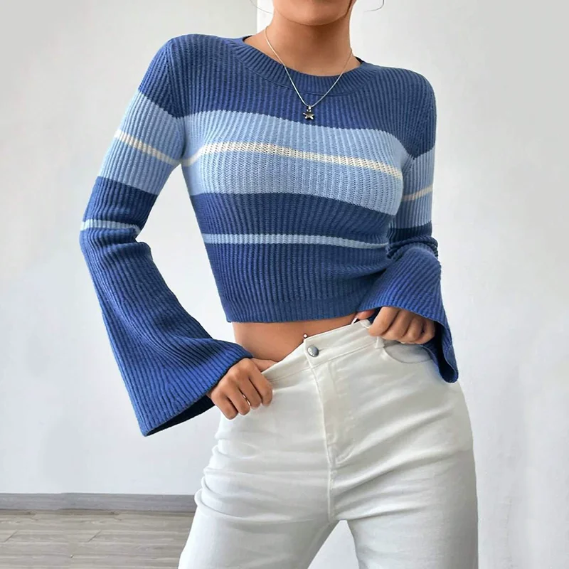 スリムフィットストライプニットセーター2025秋ラウンドネック長袖ベルスリーブオフィスレディトップス