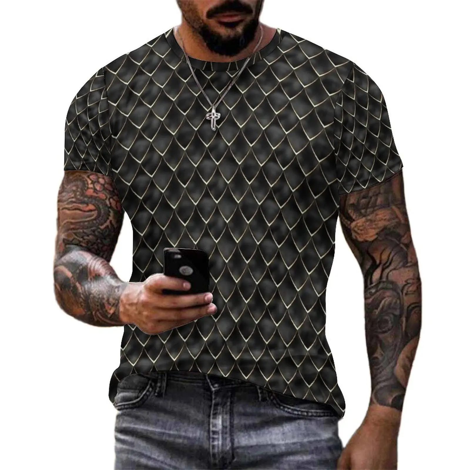 Black Gold Mermaid Scale T Shirt Men  Streetwear T-Shirts Summer Trending Tee Shirt Short Sleeve Graphic Oversized Clothing