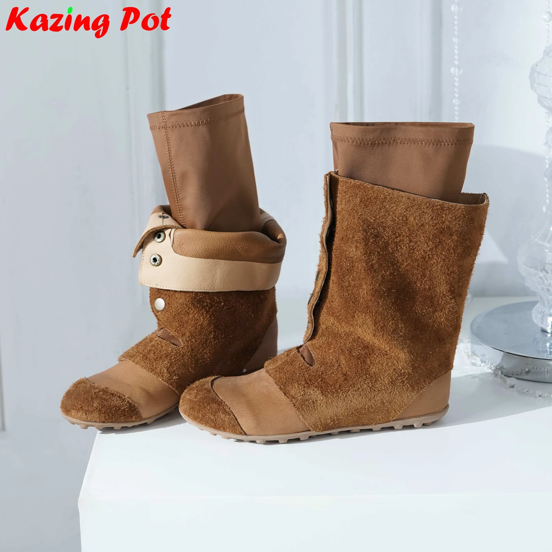 Cow Suede Low Heels Modern Western Boots Warm Winter Autumn Shoes Patwork Dating Casual Office Lady Brand Women Mid-calf Boots