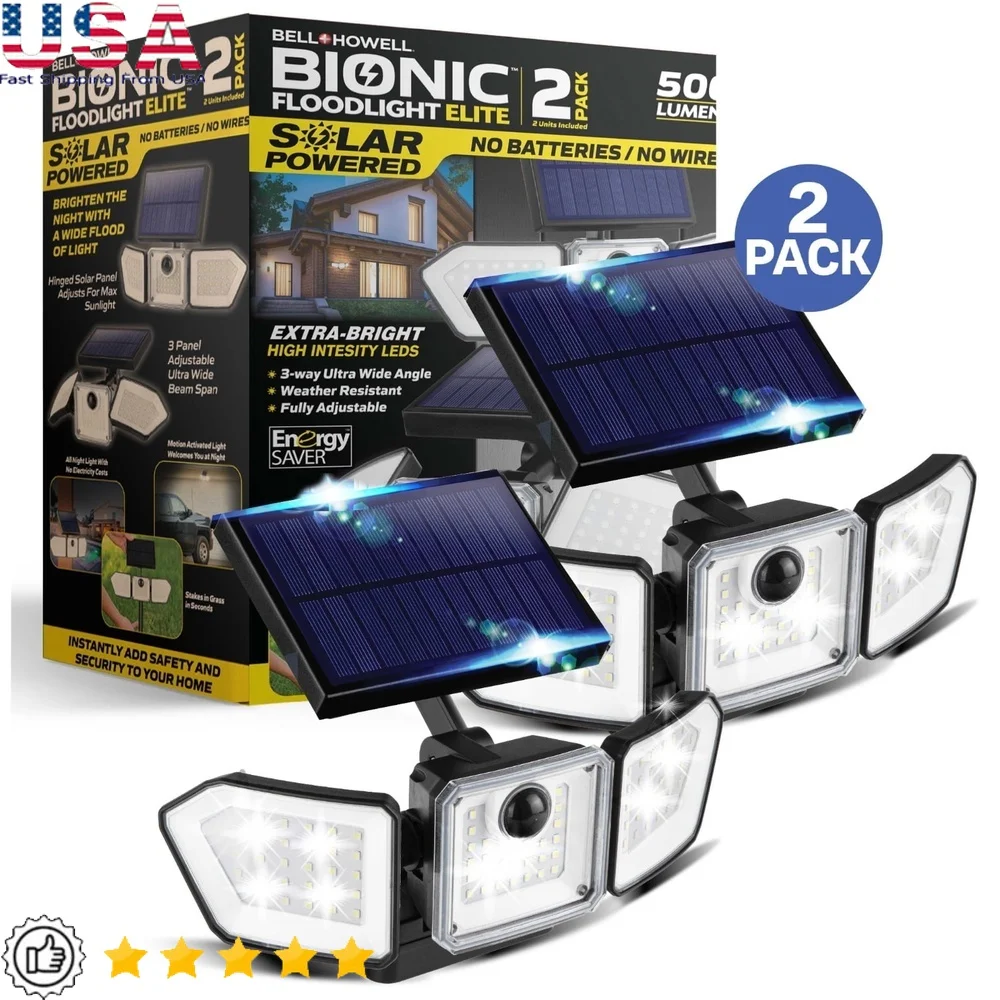 

Solar Powered Outdoor Flood Lights 2-Pack Motion Sensor Waterproof LED Security Lights 90 LEDs 500 Lumens Adjustable Panels