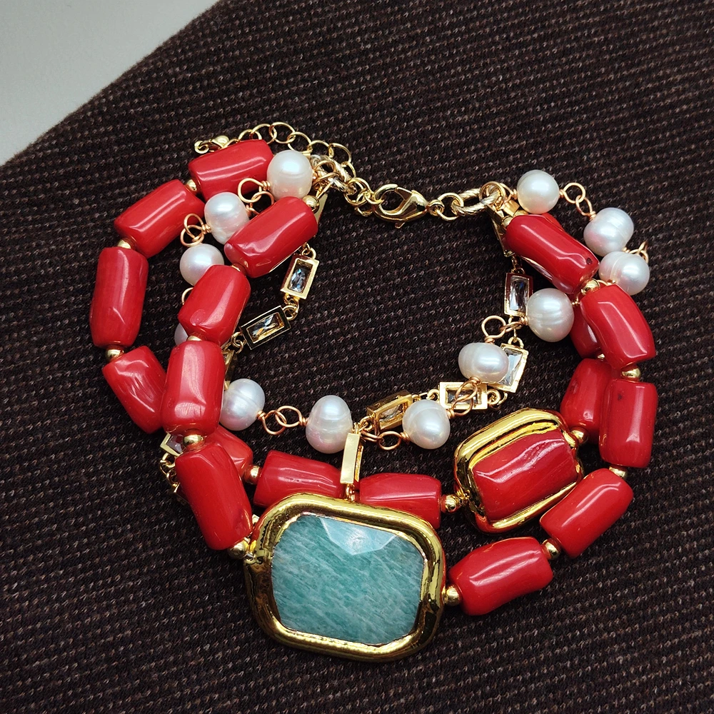 YYGEM 7-8 مللي متر المياه العذبة الأبيض البطاطس اللؤلؤ 15x19 مللي متر المرجان الأحمر امازونيتي الخرز ستراند سوار امرأة بيان أساور