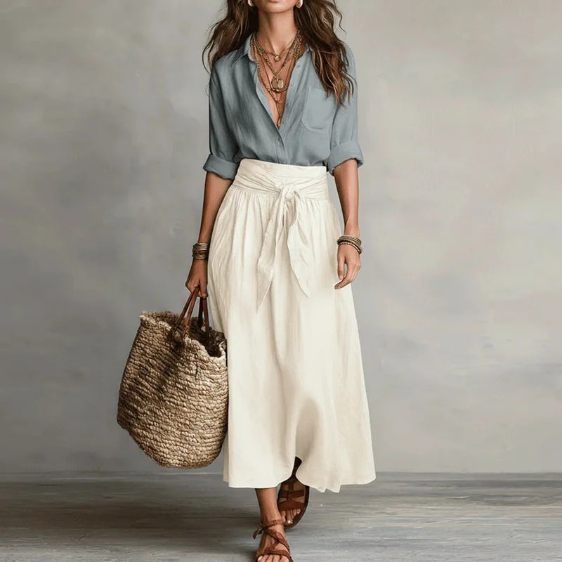 2026 Spring Summer Solid Women's Suit Casual Button Lapel Top T-shirt And Tie Waist Bowknot Skirt Sets Long Sleeve Office Outfit image 5