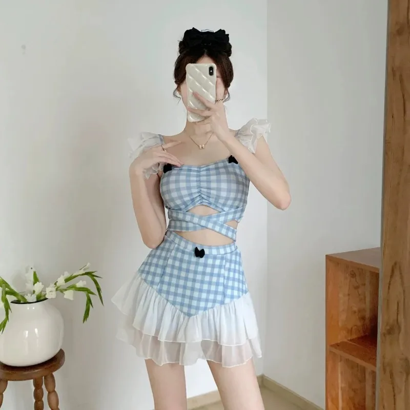 

Women's Blue Gingham Print Ruffle Strap Cut Out Tie Waist Two Piece Swimsuit Set