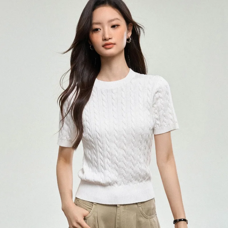 100% cotton knitwear women's summer new style style thin Fried Dough Twists thin short sleeve round neck top thin