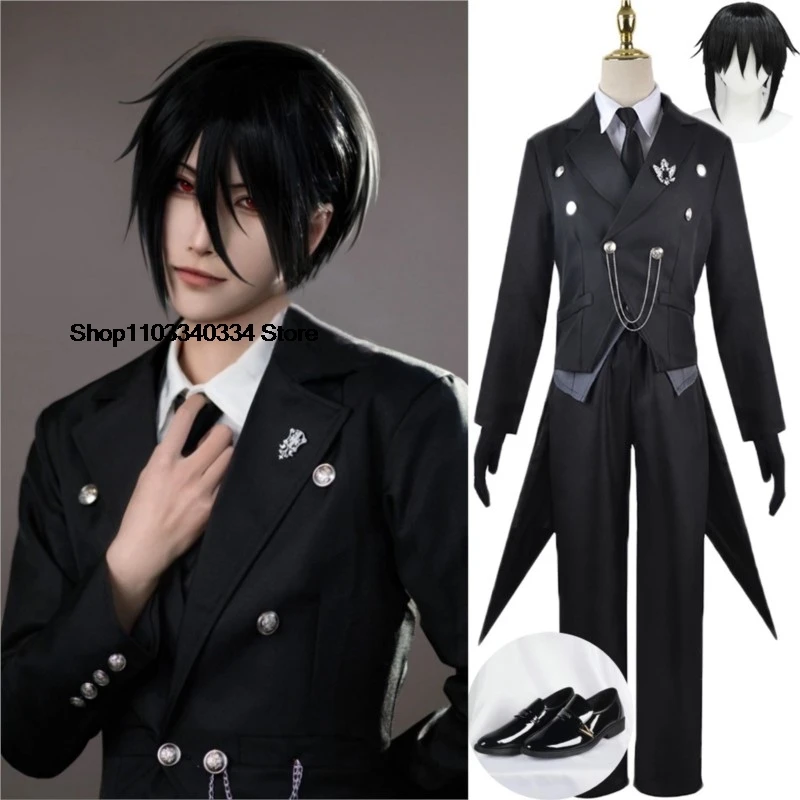 Black Butler Cosplay Japanese Anime Kuroshitsuji Sebastian Michaelis Cosplay Costume Unisex Uniforms 8 piece with Tattoo Sticker