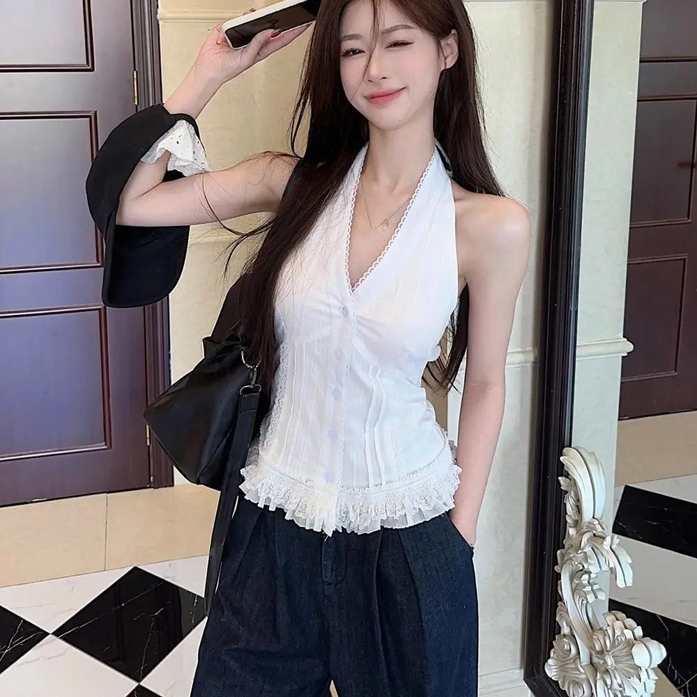 

Chic V Neck Lace Halter Crop Top Slim Fit Sweet Lace Vest Top Girl Sleeveless Korean Style Hanging Neck Camisole Summer