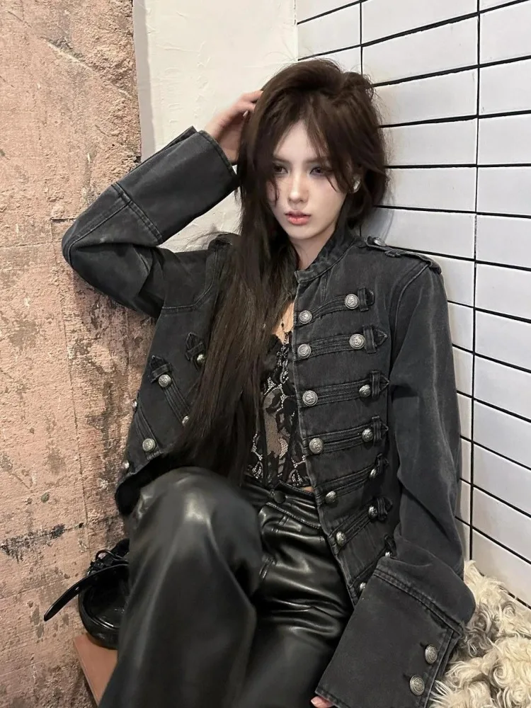 

Gothic Punk Motorcycle Denim Jacket Women Streetwear Metal Button Cropped Jacket Spring Autumn Coat Long Sleeve Jeans Jacket