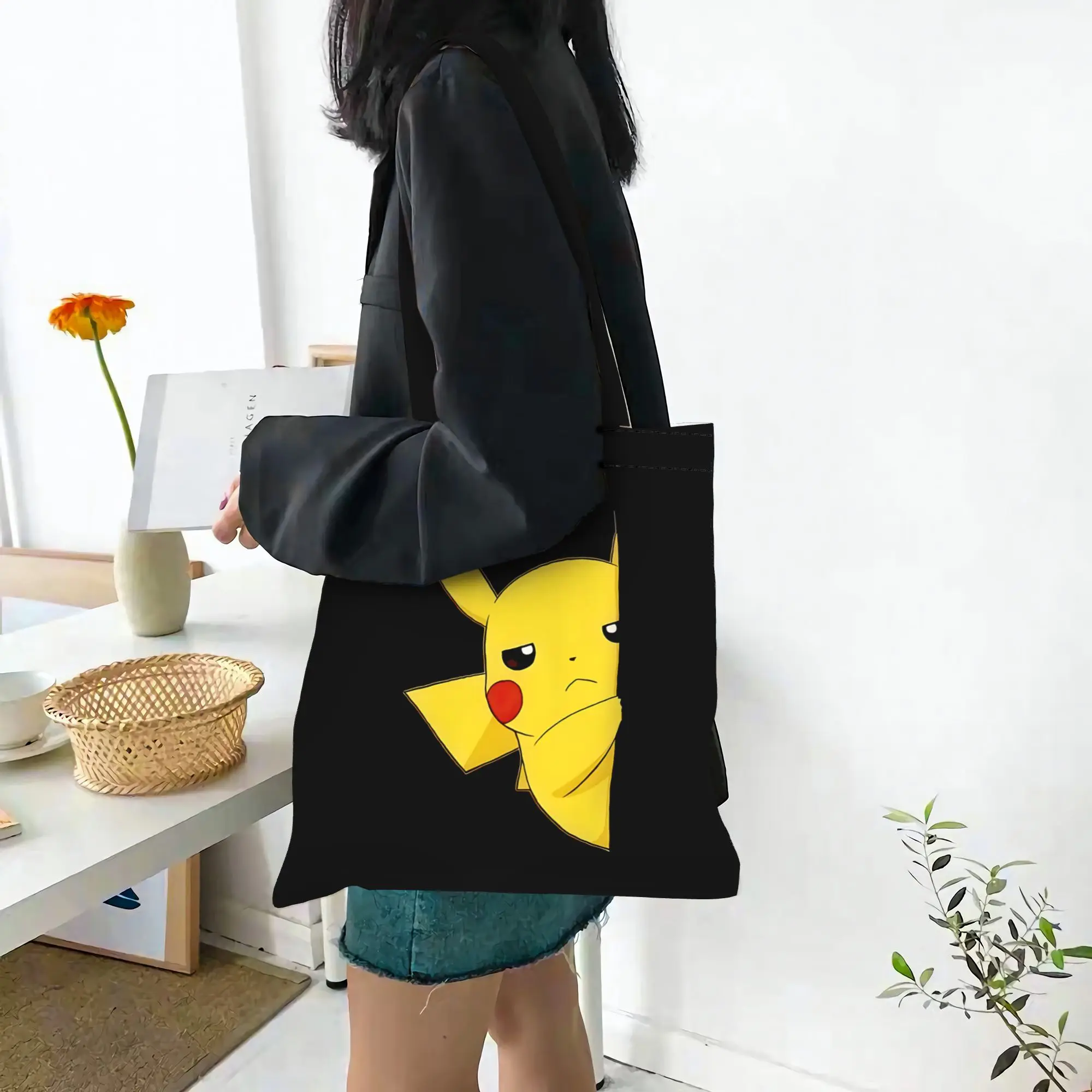 Customized Pokemon Theme Women's Bag Shopping Bag Reusable Double Sided Canvas Tote Bag Shoulder Pikechu Need Food Handbag