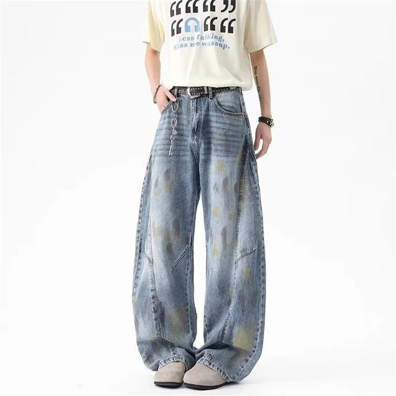 

American Vintage Distressed Tie-dye Graffiti Jeans Men's Hip Hop Fashion Straight Baggy Denim Trousers 2025 New Y2K Street Jean