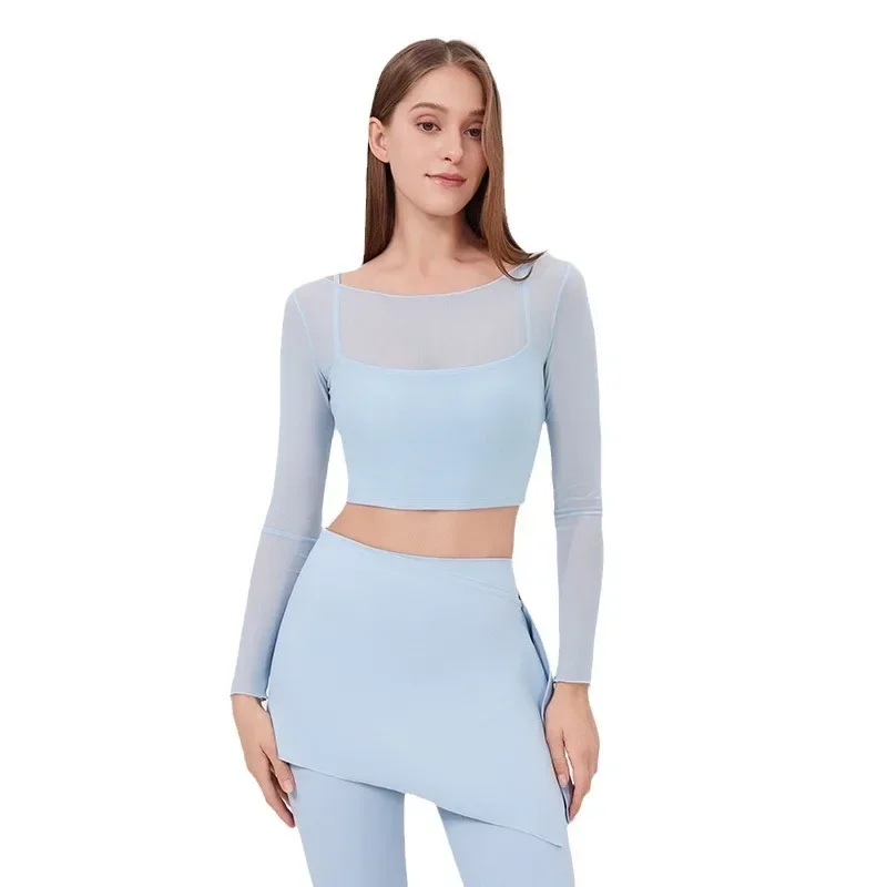 Mermaid Curve  Fake Two-Piece Mesh T-Shirt Women's Long Sleeve with Chest Mat Yoga Clothes Quick-Dry Slim Fitness Top pants