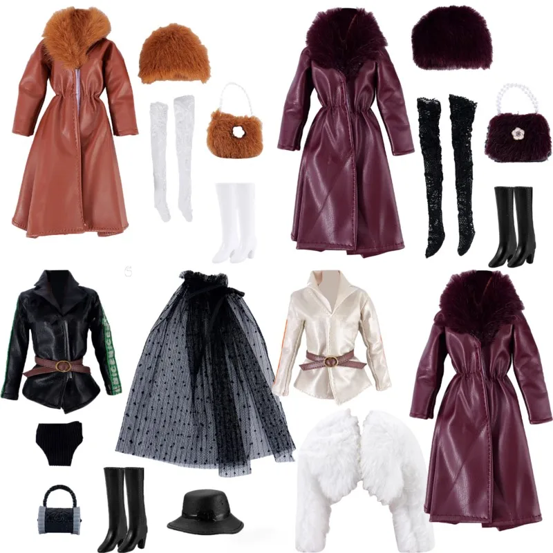 ملابس دمى بطول 30 سم، طقم أزياء فاخر يتضمن معطف جلدي بياقة فرو وسروال وتنورة لدمى السوبر موديل مقاس 1/6