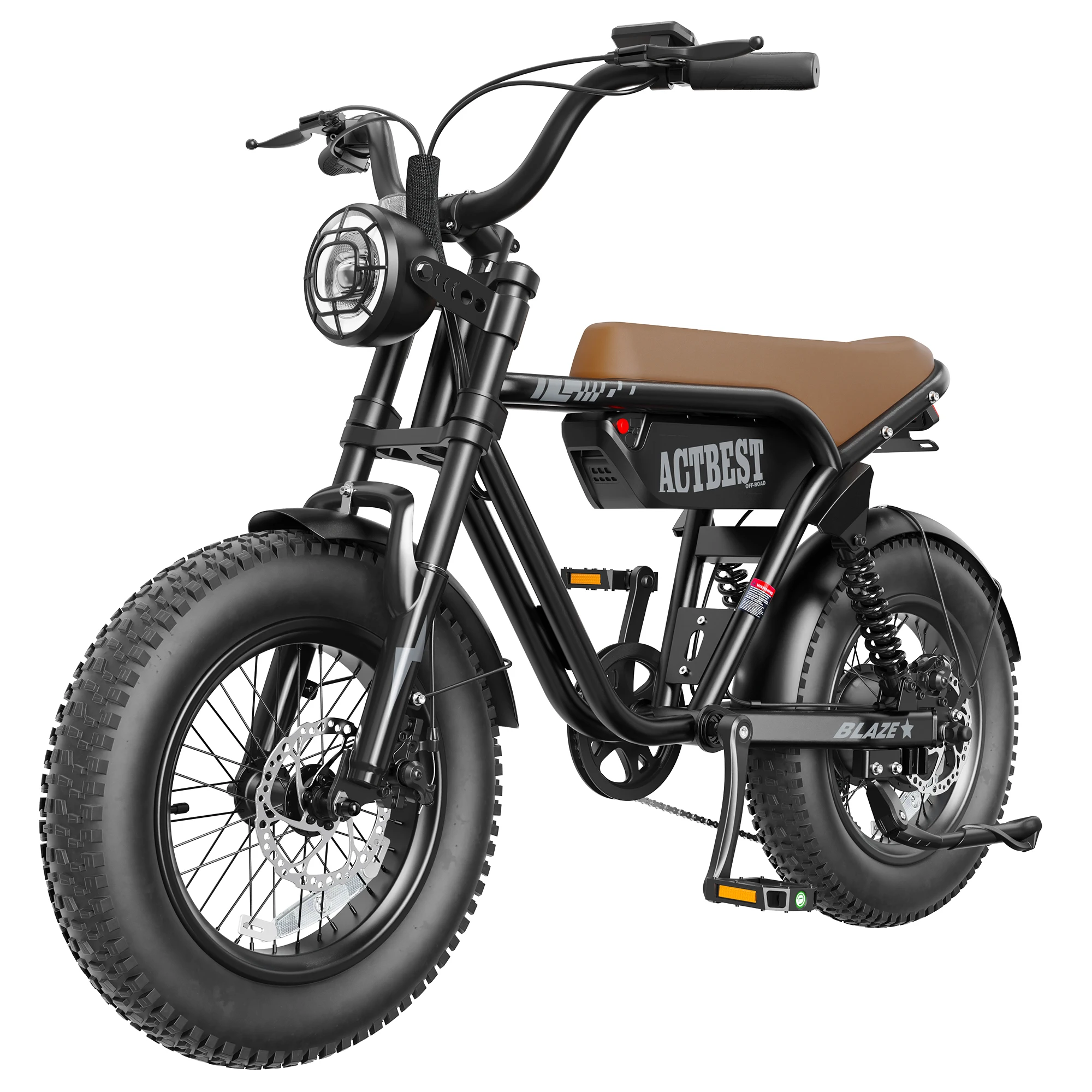 ActBest Blaze Plus Electric Bike, 16" Fat Tires Electric Mountain Bike, 1500W Peak Motor 48V 15.6Ah, 30 MPH 75Mi Range Off-Road Ebike with Full Suspension
