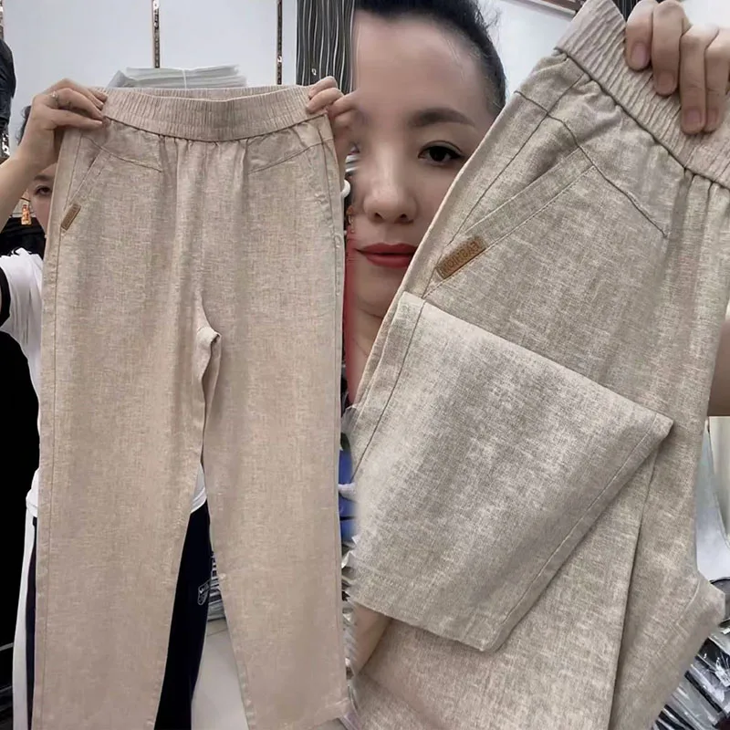 กางเกงผ้าฝ้ายและผ้าลินินน้ําแข็งฤดูร้อนบางอเนกประสงค์ลําลองหลวมอินเทรนด์เรียบง่ายสีทึบผู้หญิงวัยกลางคนและผู้สูงอายุ