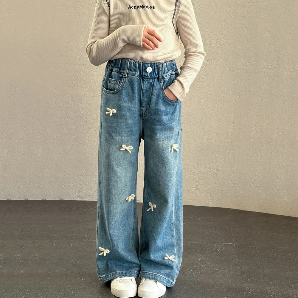

Girls Pants Spring and Autumn Korean Version Loose Casual Bow Denim Wide Leg Pants Fashionable Daily Western-style Versatile
