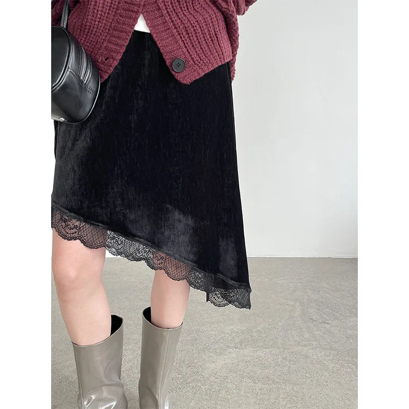 

Lace Splicing Velvet Skirt Women's Design Sense Irregular Diagonal Skirt