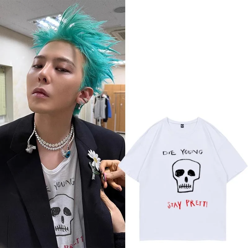 

GD G Drangon MV Too Bad Same T-shirt Skull Print Short Sleeve Tee Kpop Fashion Cotton Tops Casual GD Fans Clothes Summer T shirt