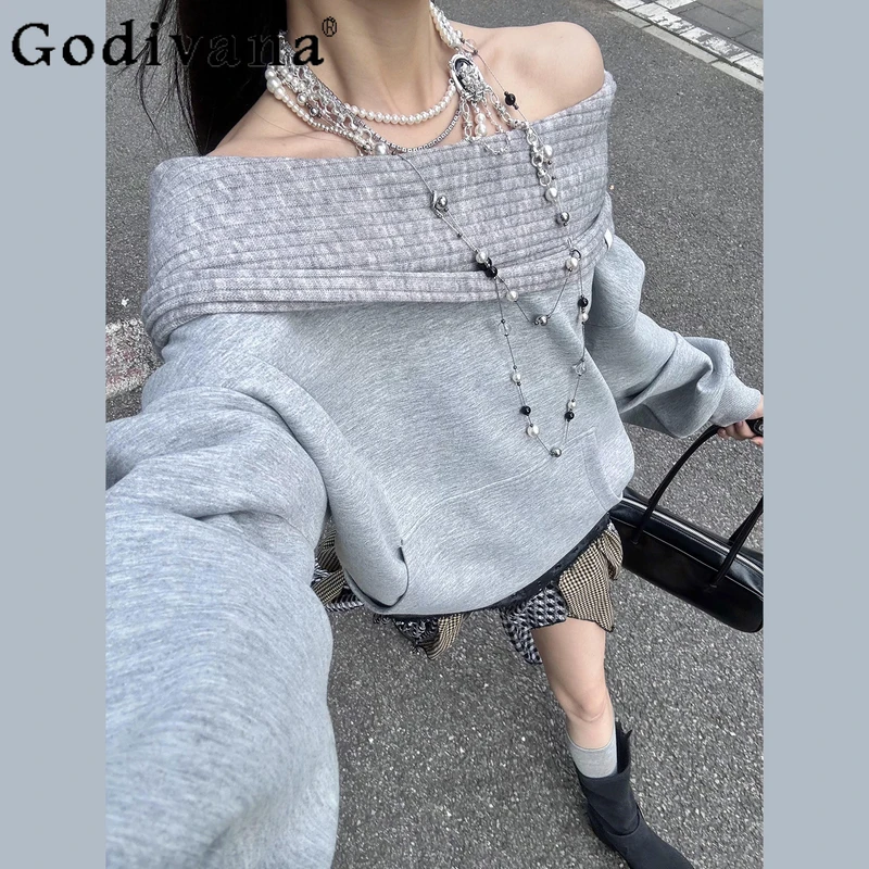 Gray Off Shoulder Sweatshirt for Women Spring Autumn Japanese Style Hoodies Girls Lolita Sweet Loose Versatile Sweatshirts