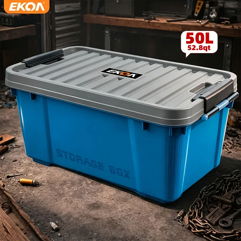 EKOA 1 Pack 50L/52QT Heavy Duty Storage Bins with Lid, Stackable Plastic Storage Bins Closet, Shelf, Kitchen, Workshop, Basement