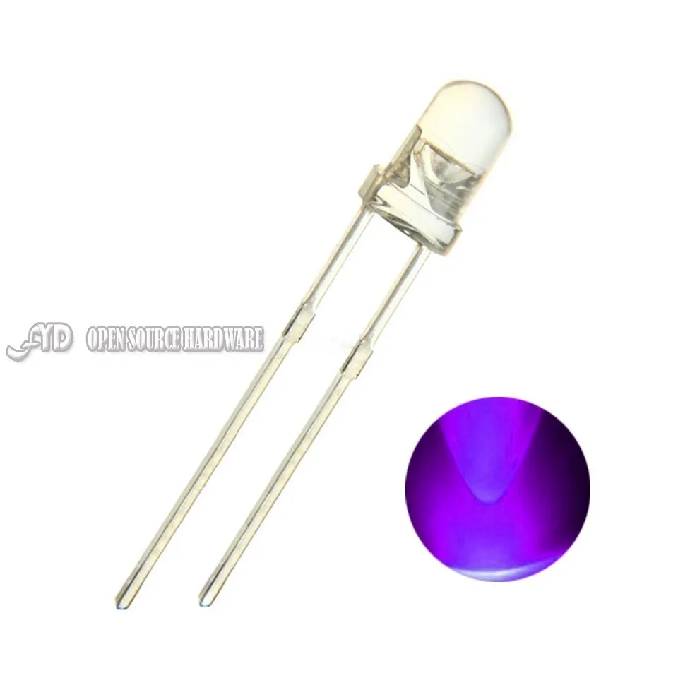 Lampe à diode ultraviolette LED, lampe électroluminescente, UVLED, verre ultra violet rond, lentille claire d\'eau, 395nm, 400nm, 5mm, 100 pièces