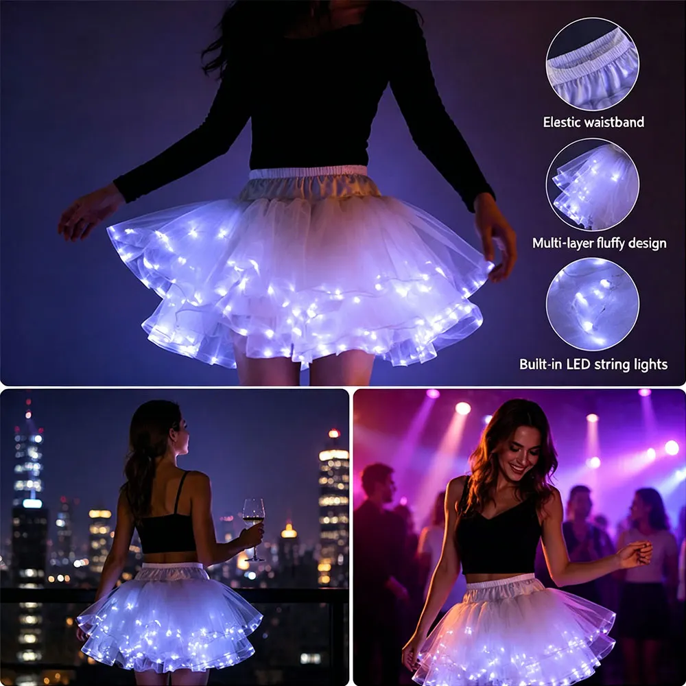 Short White Tulle LED Light-Up Skirt  Ideal for Dance Performances and Festive Parties