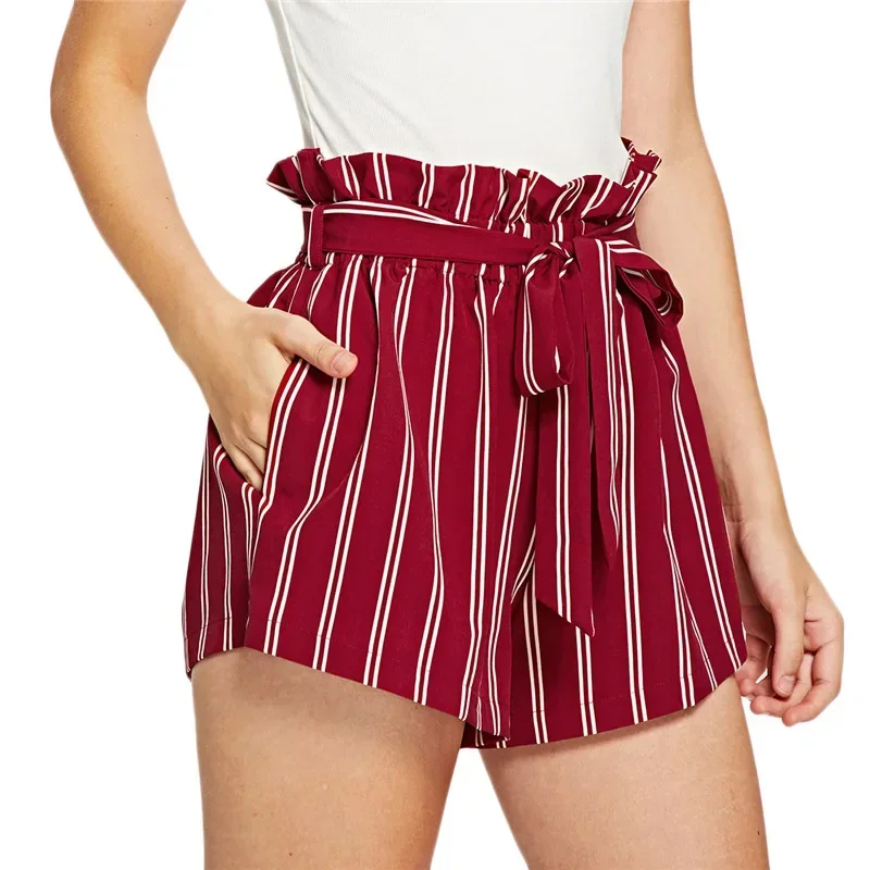 Damen Sommer gestreifte Shorts schnüren Chiffon heiße sexy kurze Hosen Frauen süße Schulmädchen rot rosa Streifen jubeln Team Shorts