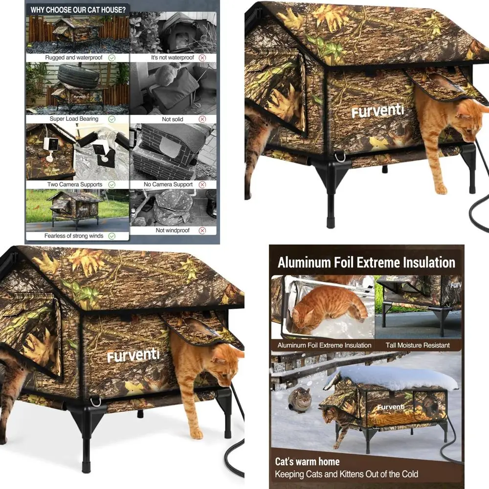 مأوى للقطط في الهواء الطلق معزول مقاوم للعوامل الجوية مع تصميم مرتفع وباب هروب للقطط الحلقية