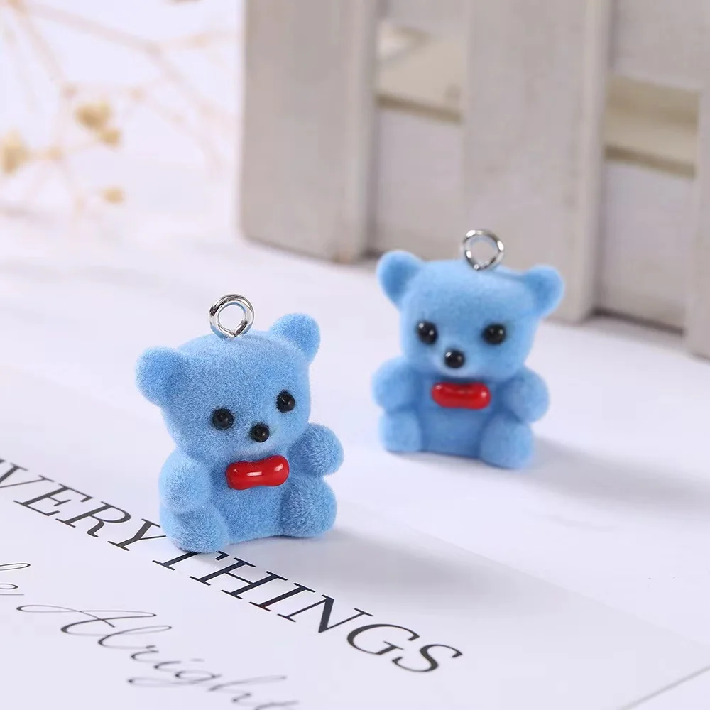 30pcs Flocking resin Animals Doll Charms lovely Sitting Bear pendant For making diy necklace Keyring Mobile phone chain fittings