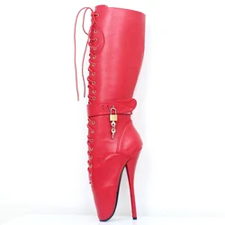 CACA 18cm Heel Women Knee High Boots,Queen Stage Show Pole Dance Shoes,Sexy Lock Long Botas,Leather,Custom Colors,White,Dropship