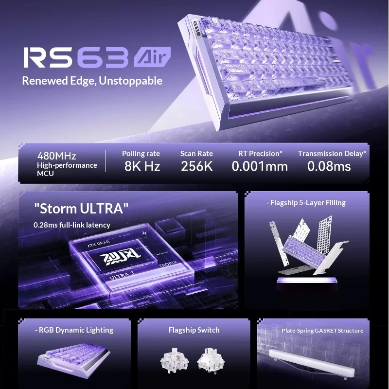 ATK RS 63 Air Magnetic Keyboard 64-Key Mechanical Wired 8K 0.28ms Polling Rate Hot-Swappable Custom Gaming Keyboard for  Esports