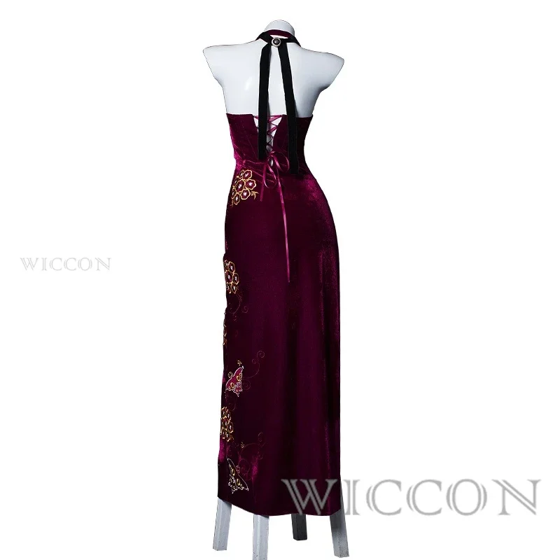 Ada Wong-vestido vermelho bordado estilo cheongsam para mulheres, roupas cosplay, uniforme de Halloween, peruca sexy