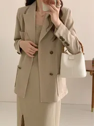 Ensemble blazer et veste monochromes pour femmes, robe mi-longue élégante, tenues décontractées, vêtements féminins, mode automne, 2 pièces