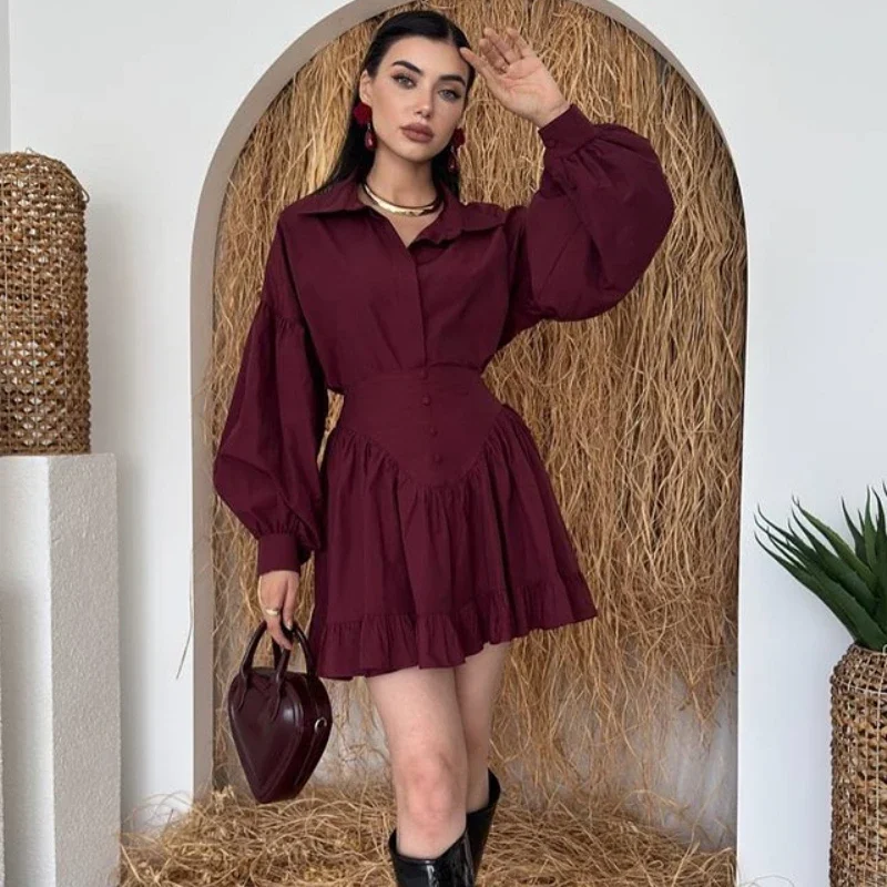 

Ruffles Short Skirt Women's Suits Fashion Lapel Single-Breasted Shirt Slim Wrinkles Skirt Leisure Set Autumn Female Set