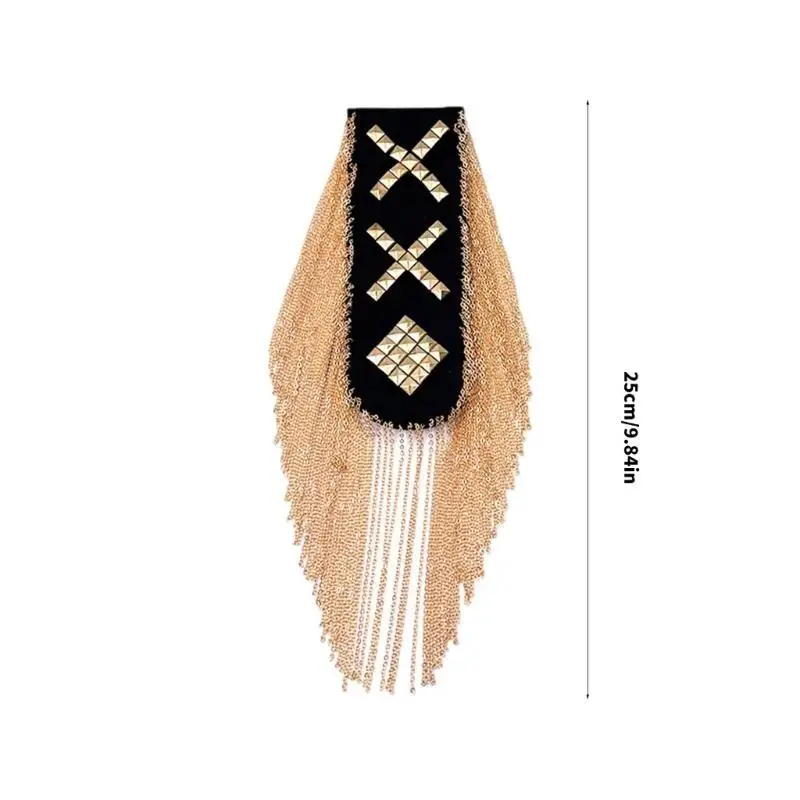 652F Fashionable Gold Chain Tassels Shoulder Epaulettes with Rivet Studded for Suit and Shirt Formal Stage Costume Decors
