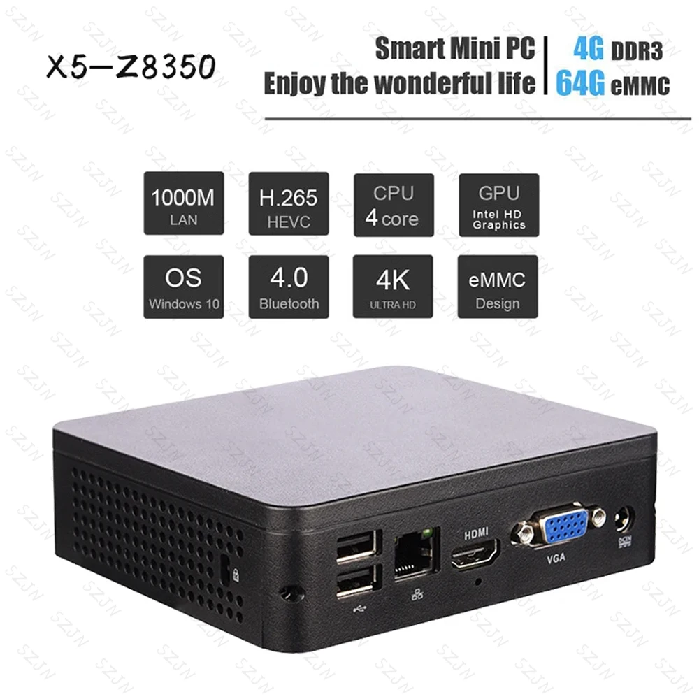 X5-Z8350 Mini procesor CPU z rdzeniem komputer Intel 4G RAM 64G SSD HD-MI VGA WiFi Windows 10 TV, pudełko Mine PC bez wentylatora Minipc