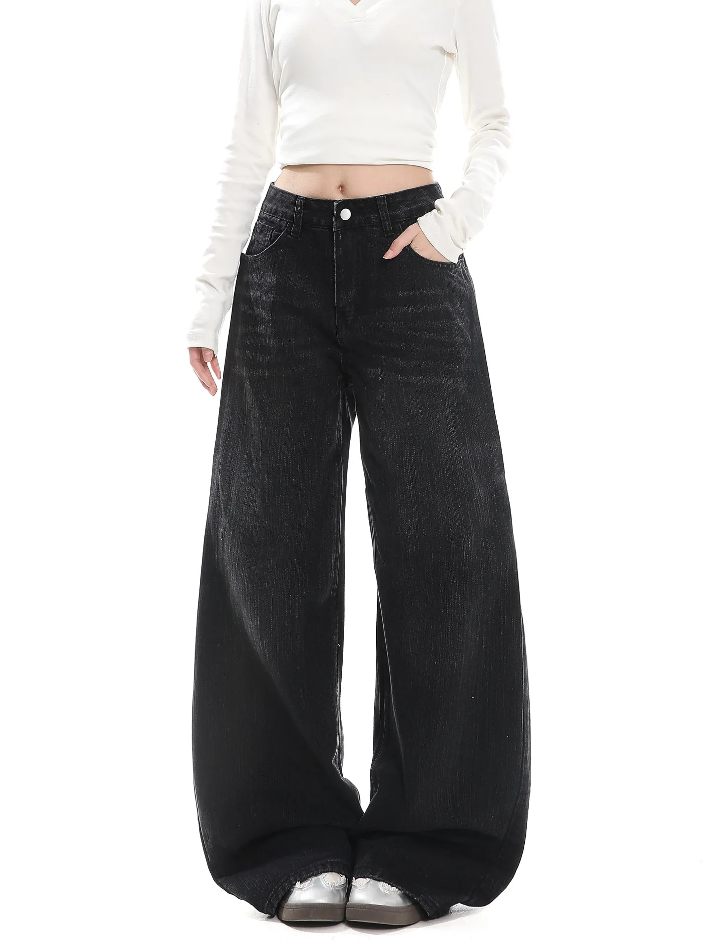 

Retro American Washed Jeans Women High Waist Slimming Design Spring Long Pants Loose Fit Natural Waist Button Closure
